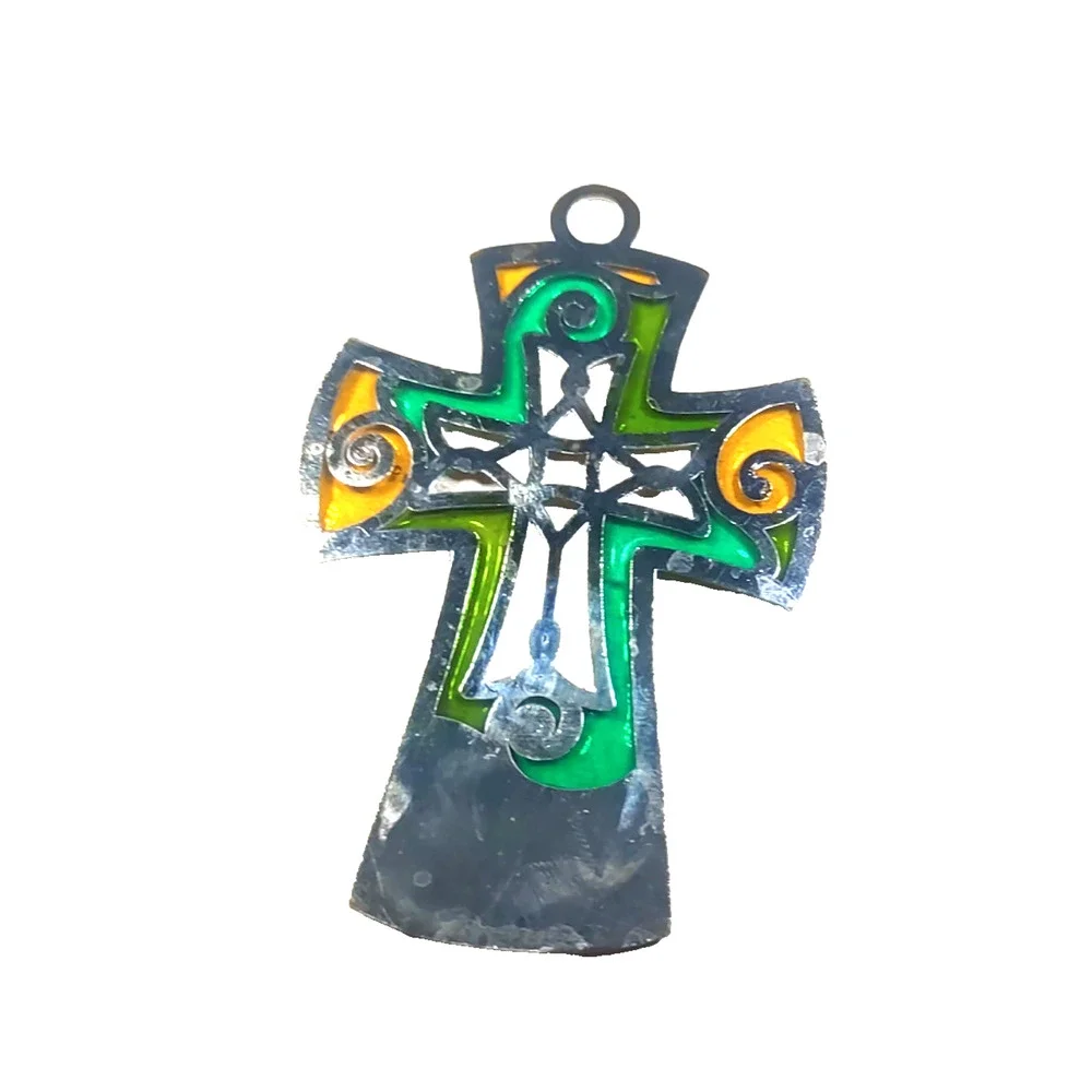Trust In His Timing Cross Pendant Faux Stain Glass